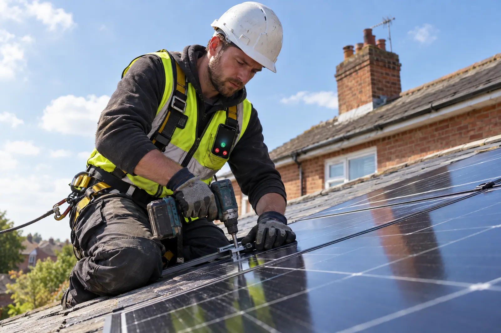 A solar installer in a hard hat and harness fixing panels to a house roof, with a phone in his vest pocket